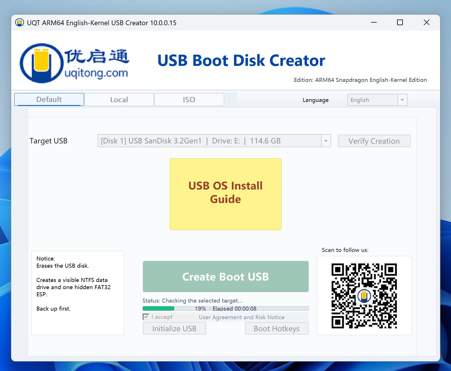 The creator checking the selected USB drive and showing progress