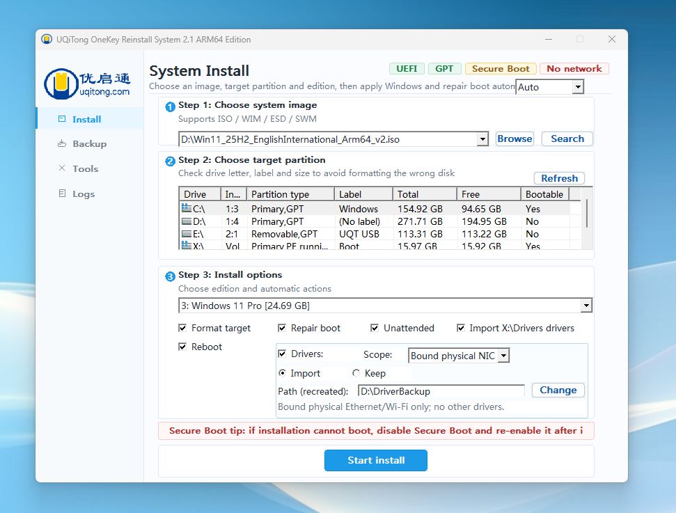 The OneKey Reinstall System window with the image, target partition, edition, and installation options selected