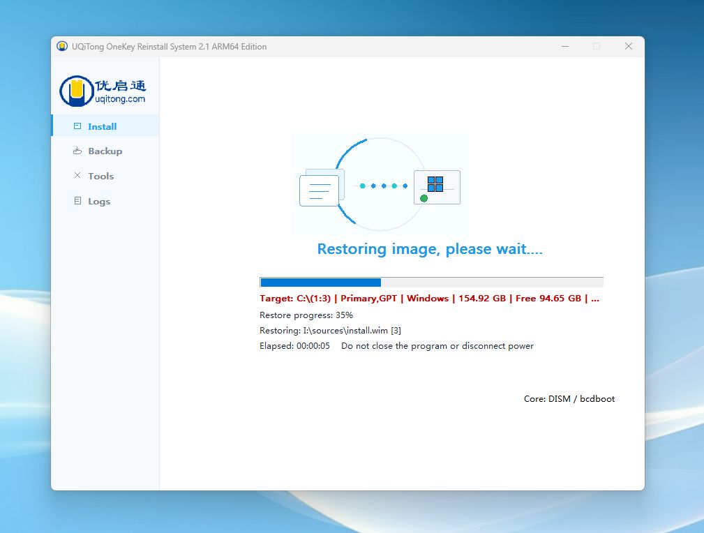 Windows 11 ARM64 being restored to the selected partition