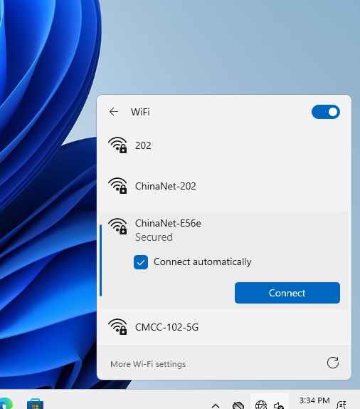 The Windows 11 Wi-Fi panel with a secured network selected