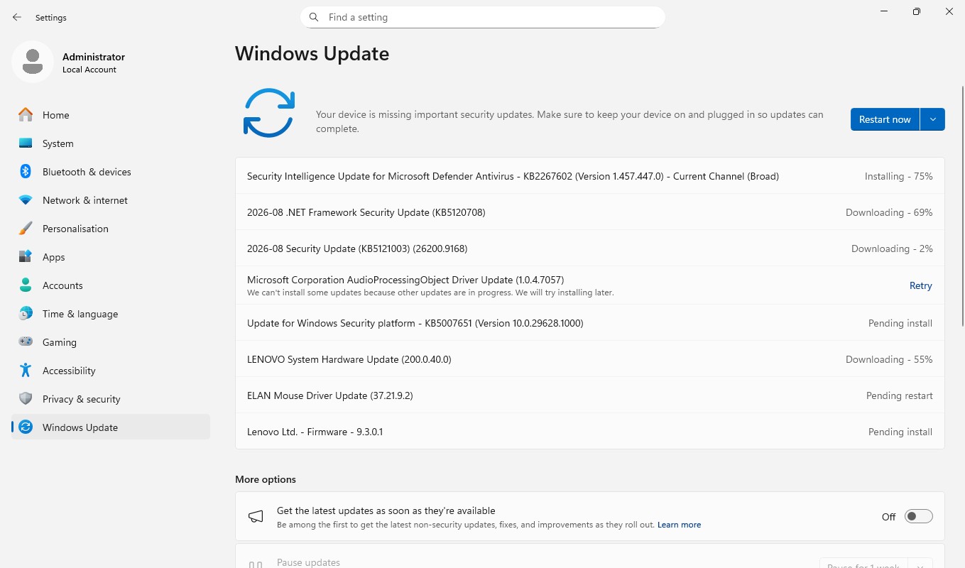 Windows Update downloading and installing system and device updates